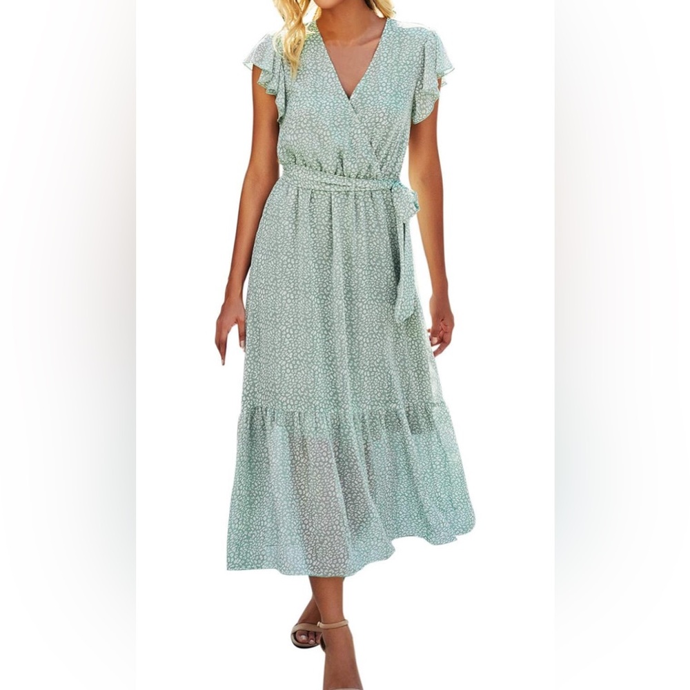 NWOT Mint Green Wrap Midi Leopard Print Dress with Ruffled Flutter Sleeves #1795